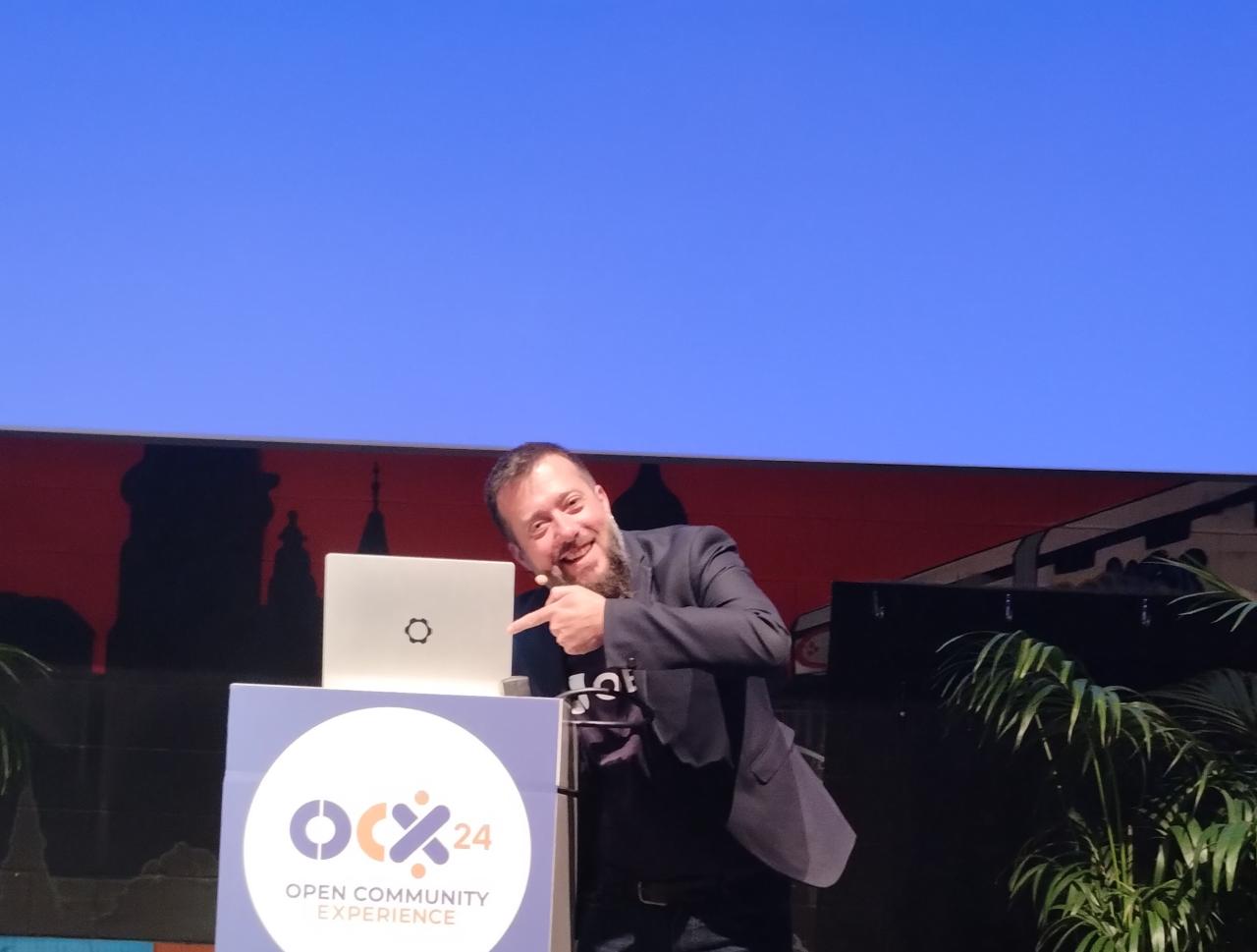 Framework 13 laptop on stage at OCX